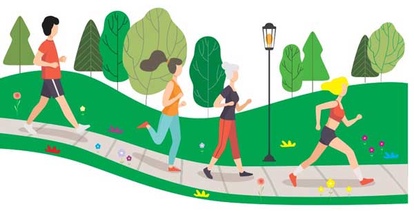 Color drawing of 4 people walking or jogging on a sidewalk with treas and a lamp post in the background.